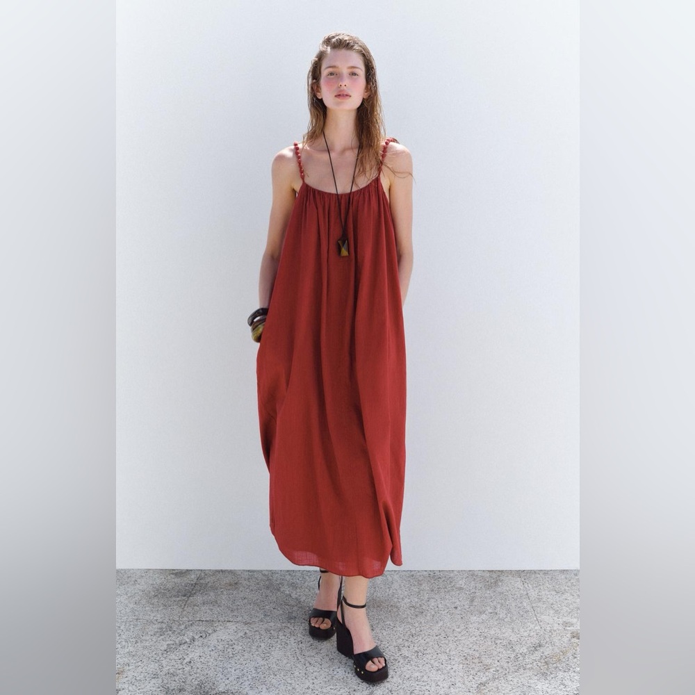 ZARA Organic Cotton Red Loose-fit Dress w Bubble Straps. S NWT